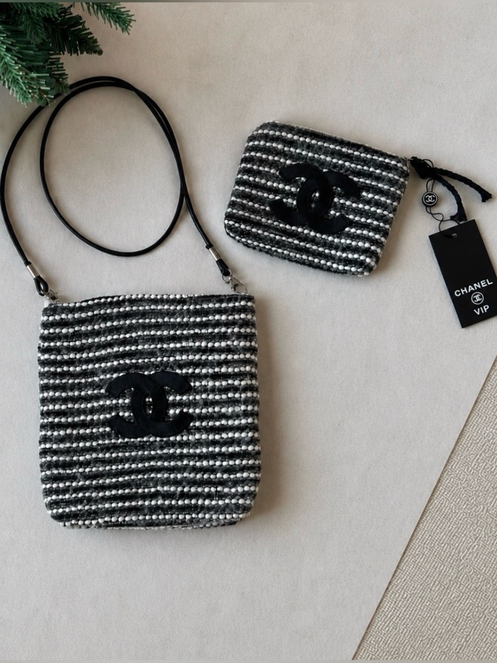 Chanel Beauty Makeup Black White Boucle Tweed Crossbody Bag Zip Pouch Set